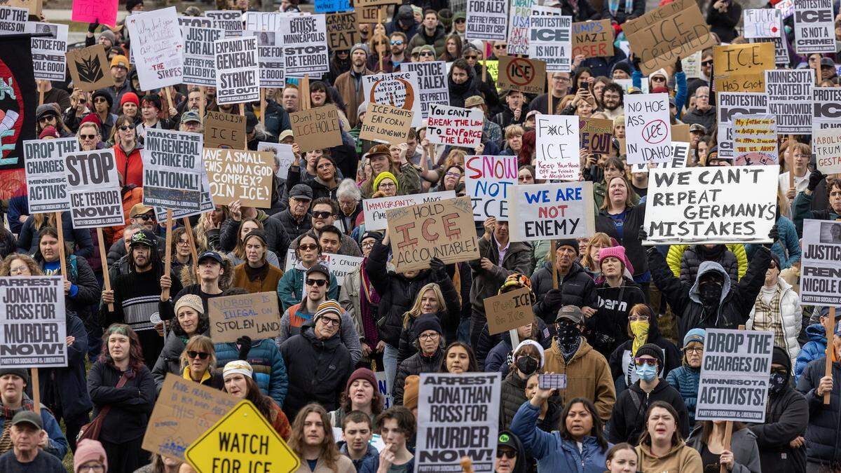 Over 1,000 people gather at the Idaho Statehouse to protest ICE, in the wake of violence in Minneapolis, during a coordinated National Strike in Boise, Friday, Jan. 30, 2026.