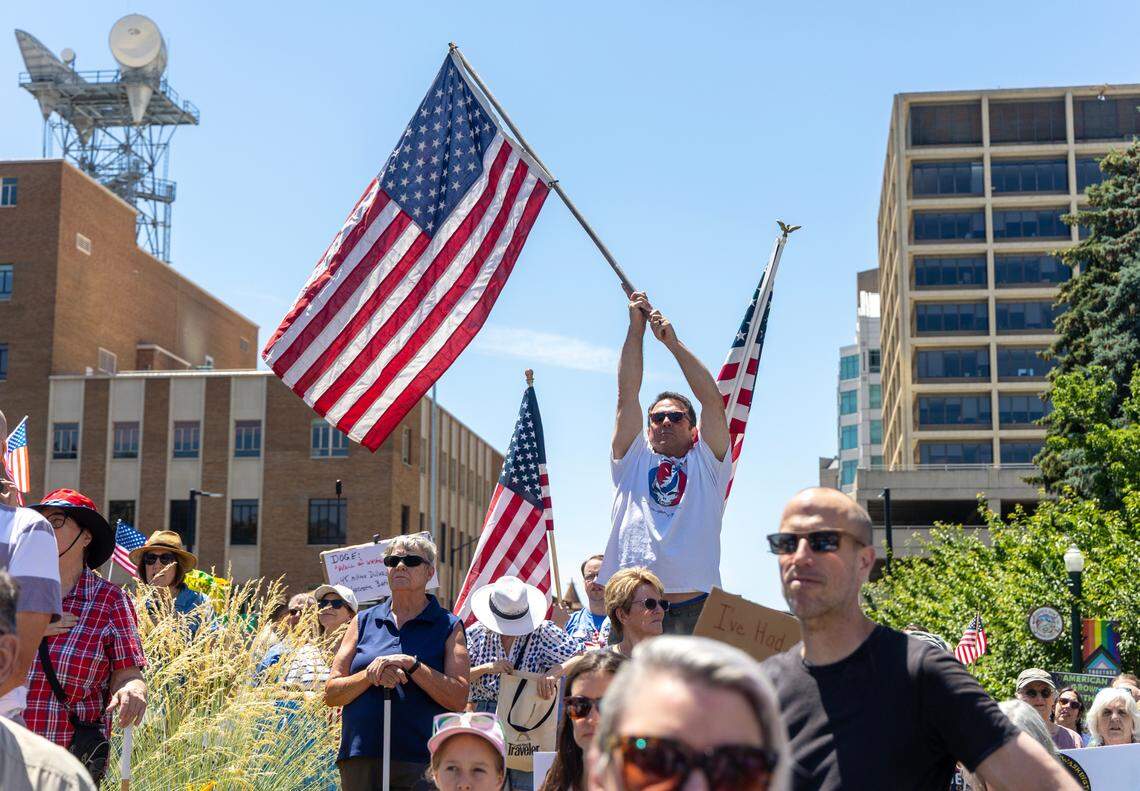 Thousands of protesters gathered outside of the Idaho Capitol Building in Boise Saturday, June 14, 2025 as part of the national “No Kings” protests against President Donald Trump and his administration.