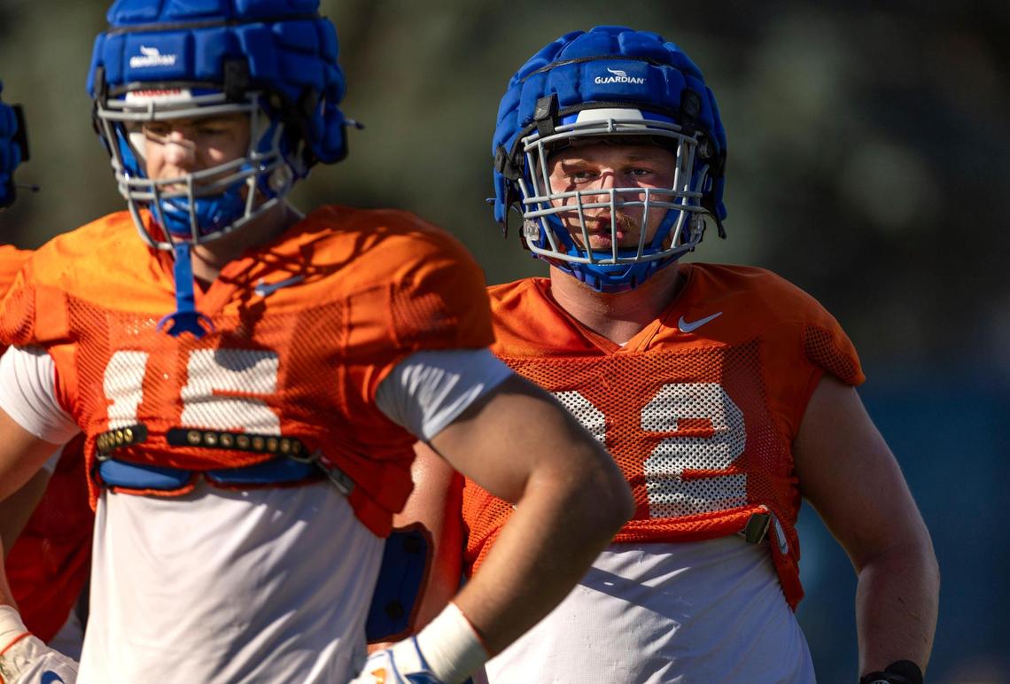Boise State defensive tackle Michael Callahan queues up for drills during the Broncos’ practice Tuesday.