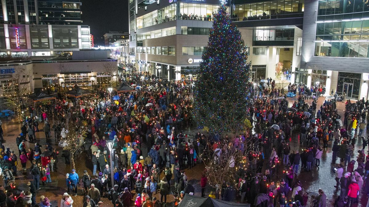 Hundreds of people count down in unison to light this year’s Christmas Tree at The Grove Plaza on in Downtown Boise.