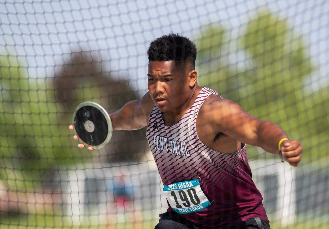 Centennial’s Kai Twaddle-Dunham takes second in discus at the 5A/4A state track and field championships held last May at Mountain View.