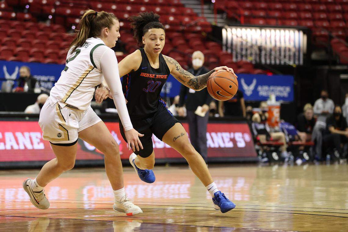 Jade Loville scored a game-best 29 points for Boise State in a 78-65 victory over Colorado State in the Mountain West Tournament quarterfinals March 8 at Thomas & Mack Center in Las Vegas. Loville is transferring to Arizona State.