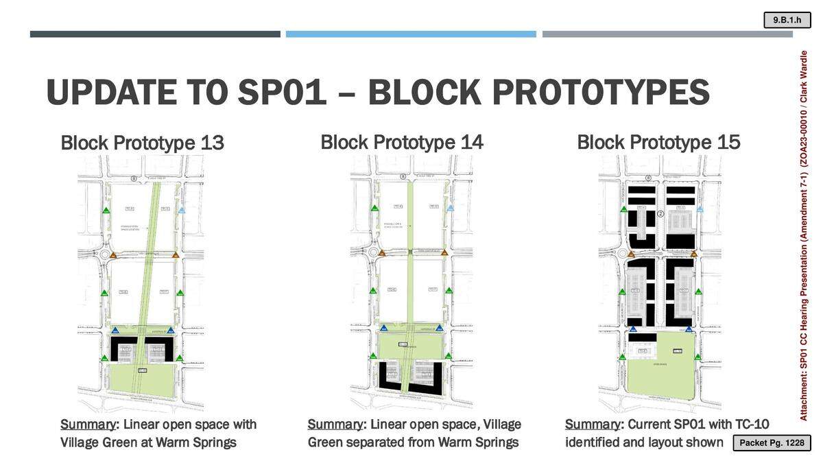 The option at left shows green space along Warm Springs Avenue at bottom, commercial space to its north and a linear park slanting northeast toward Wolf Tree Street. The option in the middle shows commercial buildings acting as a barrier between the green space and Warm Springs, with a north-facing linear street. The right option shows a large green area with commercial buildings and parking spaces instead of a linear park.