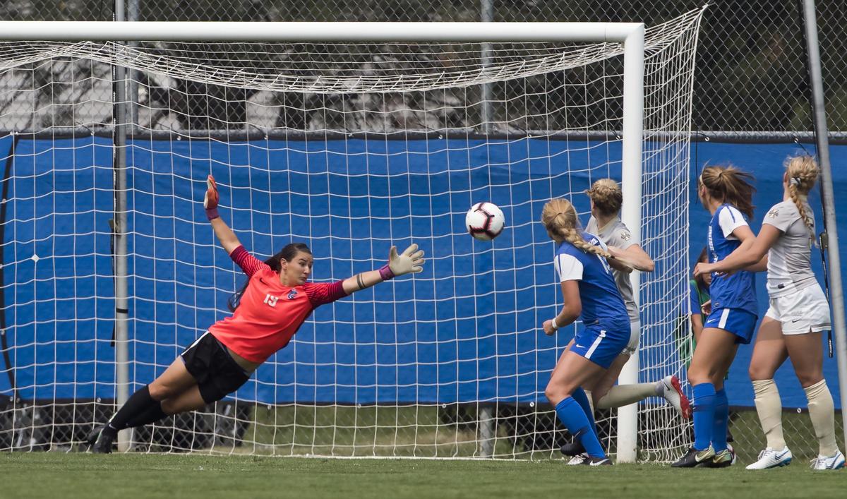 Idaho’s Savannah Foster heads a cornerkick just out of the reach of Boise State goalkeeper Tara Fisher. The Broncos won 2-1 on Sunday at the Boas Soccer Complex in Boise.
