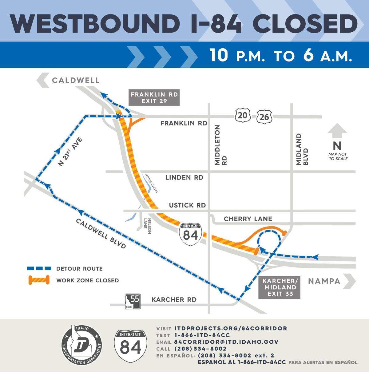 Part of Interstate 84 will be closed to repair potholes and pavement, according to Idaho Transportation Department. The westbound portion of I-84 will close from 10 p.m. Tuesday to 6 a.m. Wednesday, and the eastbound lanes will close from 9 p.m. Wednesday to 5 a.m. Thursday.