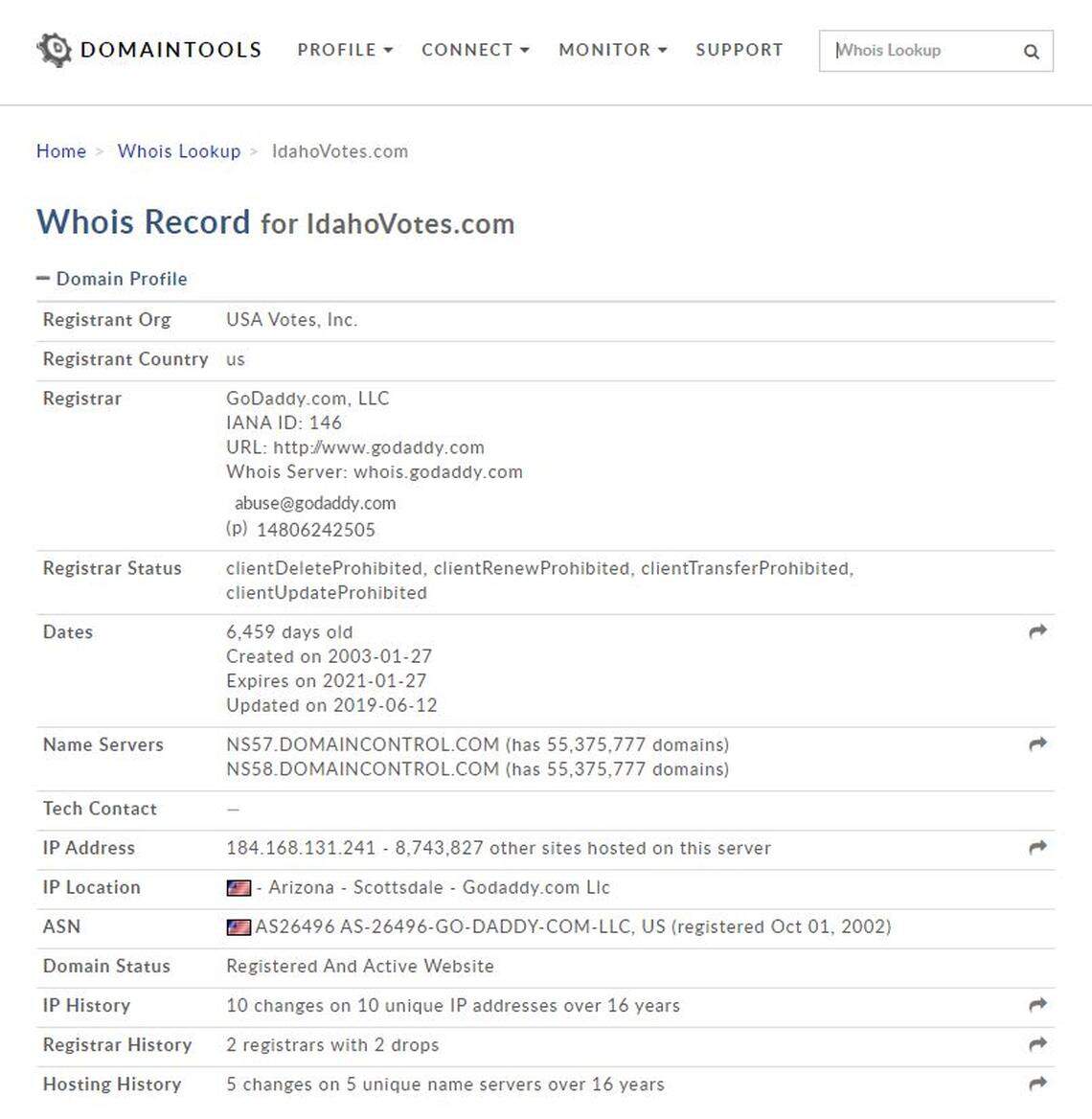 The IdahoVotes.com domain is registered to USA Votes Inc., according to whois.domaintools.com. USA Votes Inc.’s website has an Idaho page whose contents are copyrighted by the Mackinac Center for Public Policy, a Michigan group that describes itself as a free-market research and educational organization.