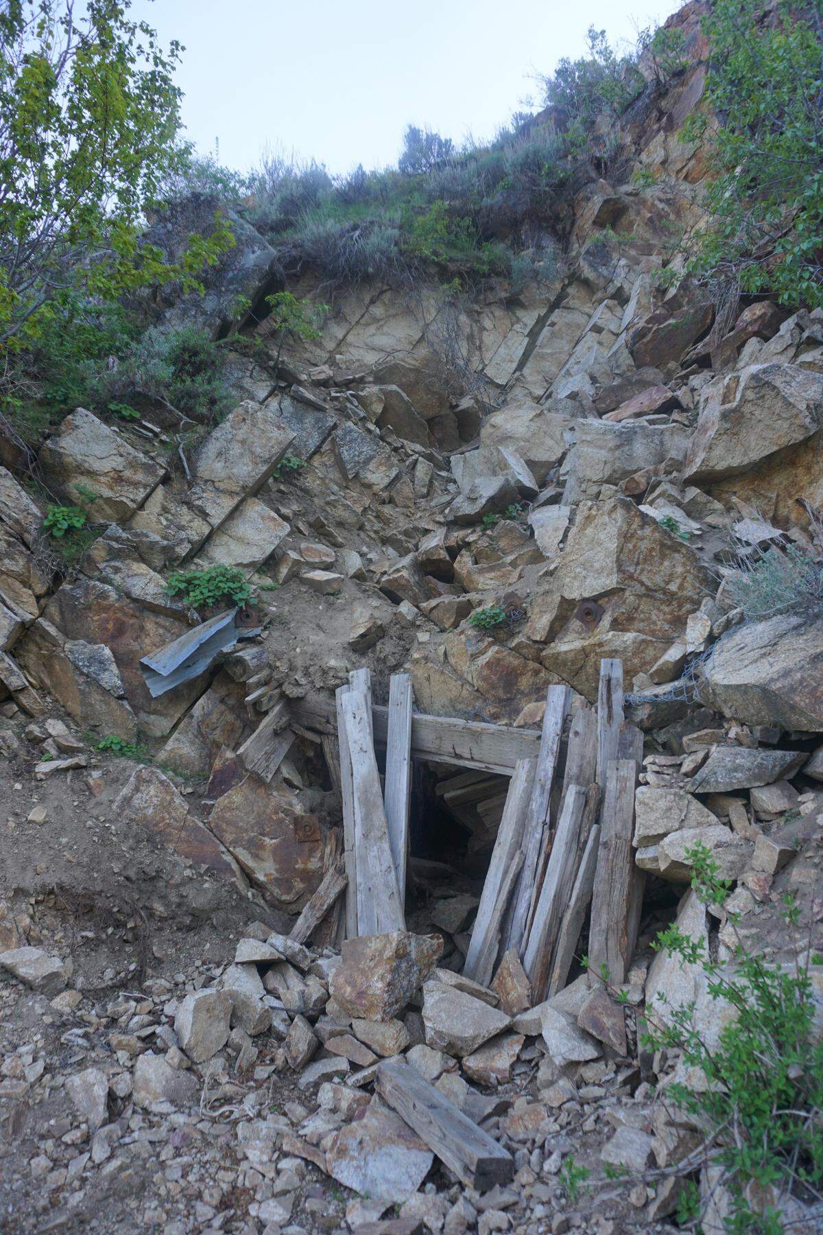 The old mineshaft is blocked with rocks and debris. The Adelmann Mine trail takes you right up to the mineshaft and an outbuilding.