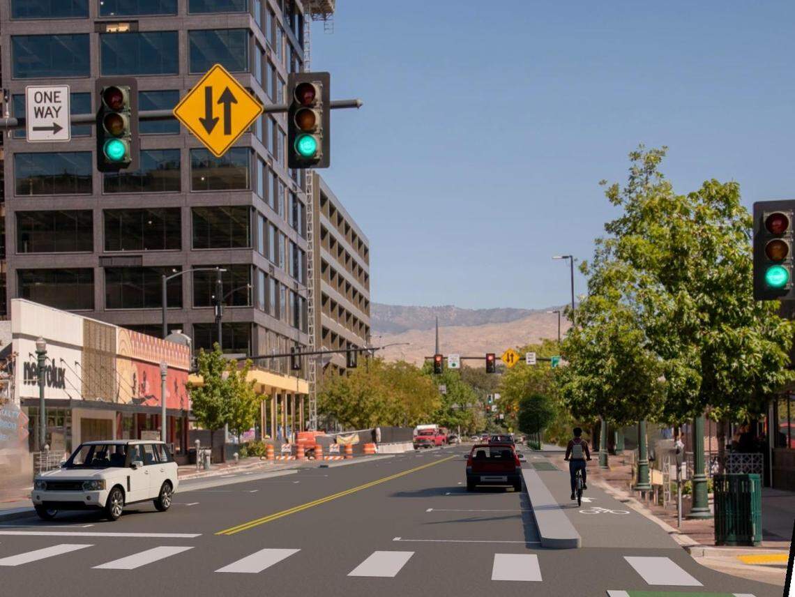 This rendering shows a planned new protected bike lane along 11th Street in downtown Boise. On-street parking will be maintained with the design chosen by the Capital City Development Corp., Boise’s urban renewal agency.