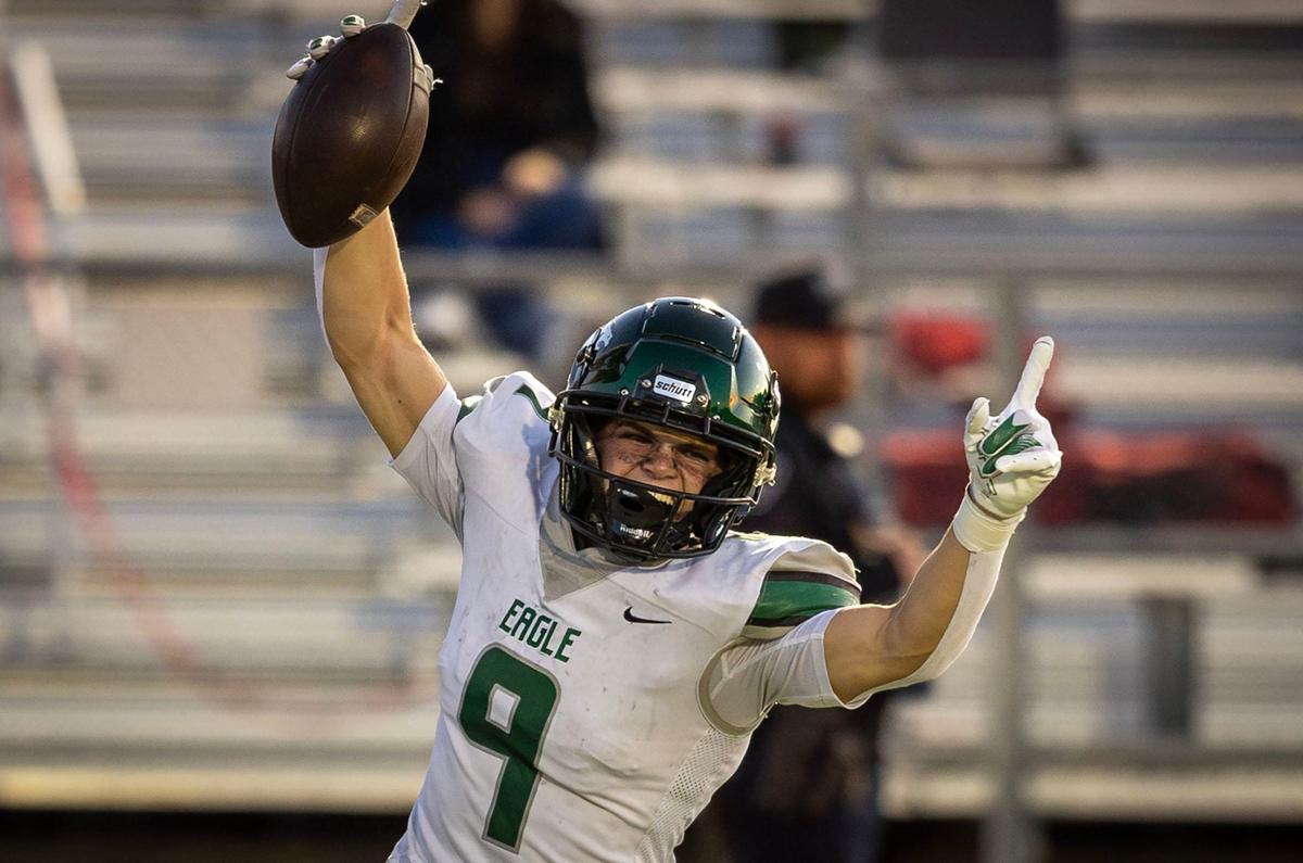 Eagle’s Luke Mikita celebrates a touchdown against Boise earlier this season. The second-ranked Mustangs host Kuna in a key game in the 6A SIC River Divison on Friday.