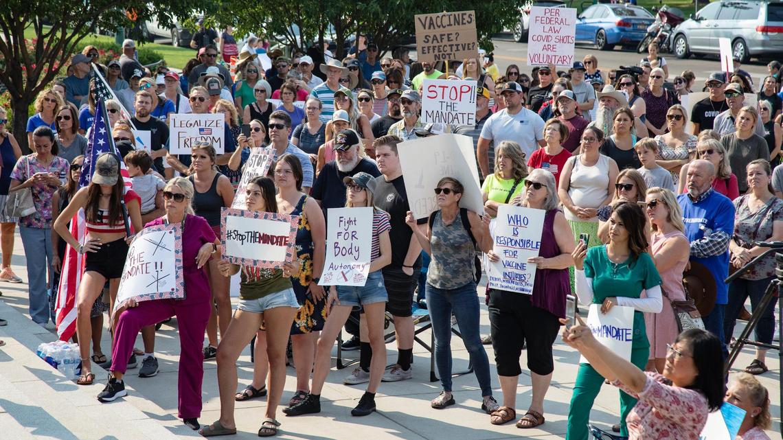 Over 300 people came out to a rally at the Idaho State Capitol to stand against mandated COVID-19 vaccines for employment on Thursday, July 15, 2021. Both St. Luke’s Health System and Saint Alphonsus Health System are requiring COVID-19 vaccines for their employees and health care providers.