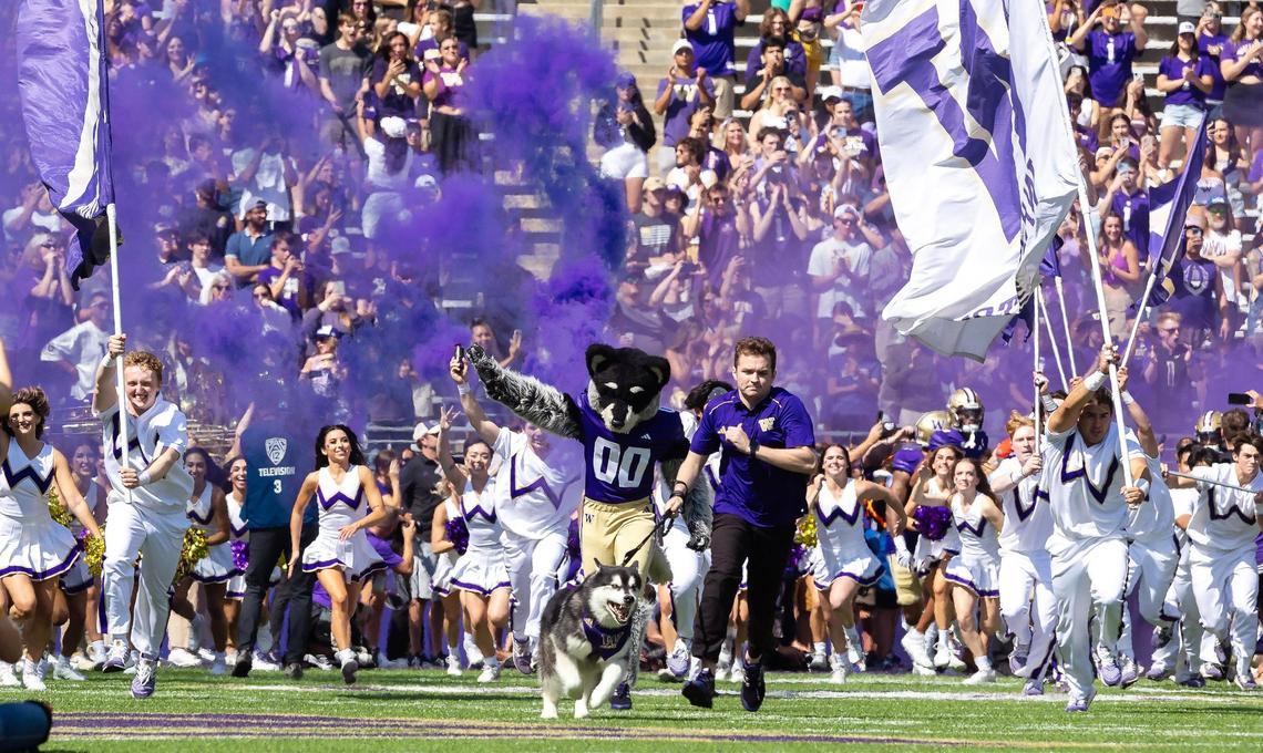 The University of Washington cheerleaders and husky mascots run the field at the start of their home game against Boise State at Husky Stadium in Seattle, Saturday, Sept. 2, 2023.