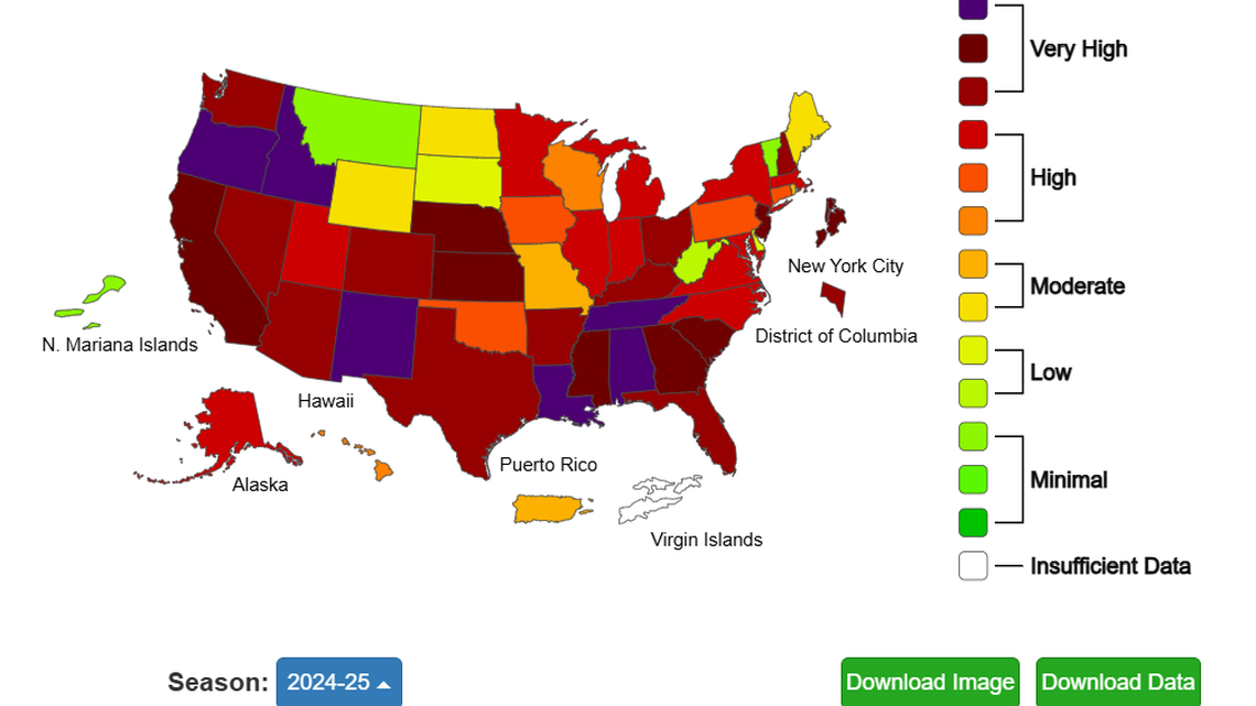 A graph from the Centers for Disease Control and Prevention shows high influenza activity in Idaho.