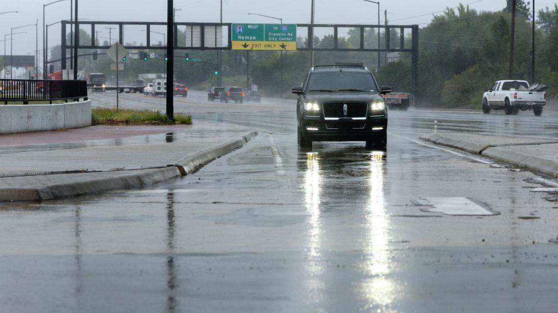 Rain falls in Boise as stormy weather moves through the area, Wednesday, August. 27, 2025.