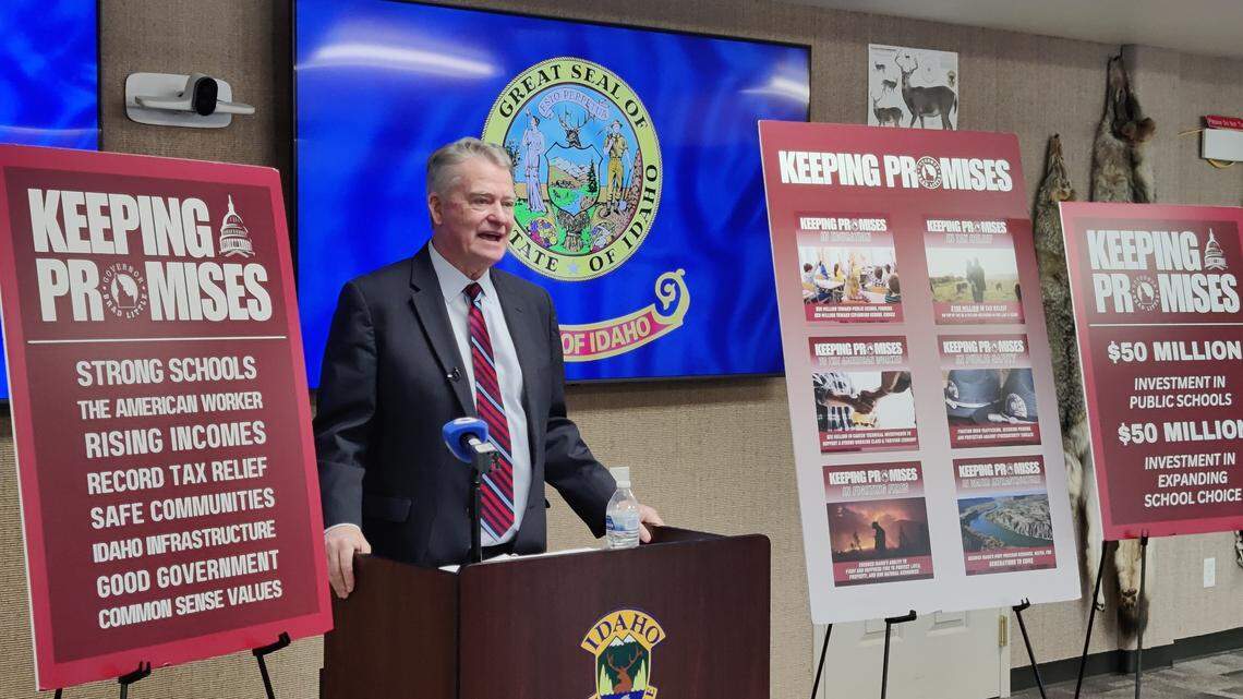 Gov. Brad Little speaks at a news conference in Idaho Falls on Jan. 15, 2025.