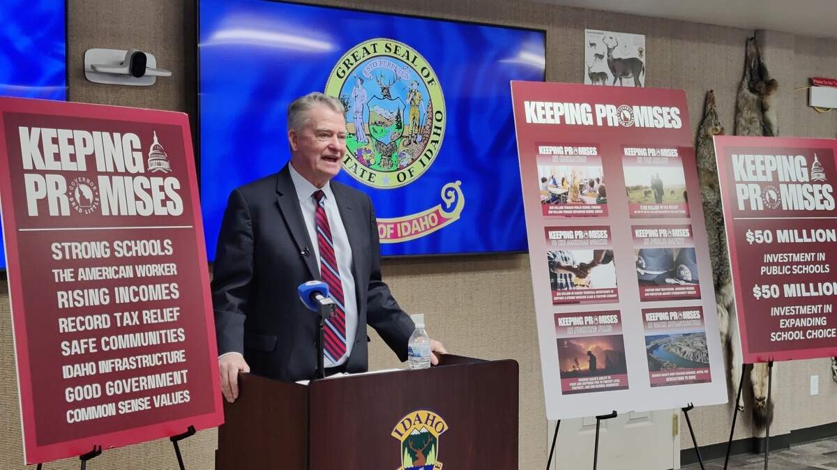 Gov. Brad Little speaks at a news conference in Idaho Falls on Jan. 15, 2025.