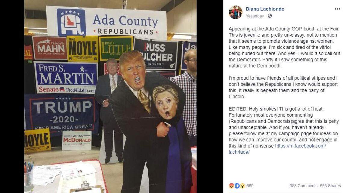 A cardboard cutout of President Donald Trump holding former opponent Hillary Clinton in a headlock stirred controversy online over the weekend after it was displayed in the Ada County Republicans’ booth at the Western Idaho Fair. Democrat Diana Lachiondo, who is running for Ada County Commissioner, posted a photo of the display calling it “juvenile and pretty un-classy.”