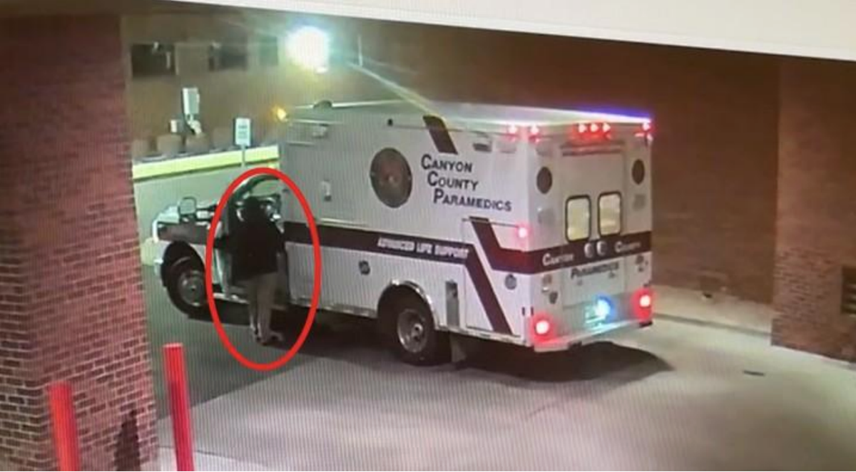 Authorities say this surveillance image shows Sarah George taking a Canyon County ambulance from the St. Luke’s hospital in Meridian.