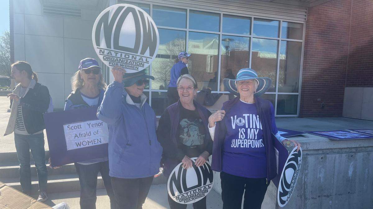 Dozens of people protested at Boise State University outside of an event where Professor Scott Yenor spoke about “compulsory feminism.”