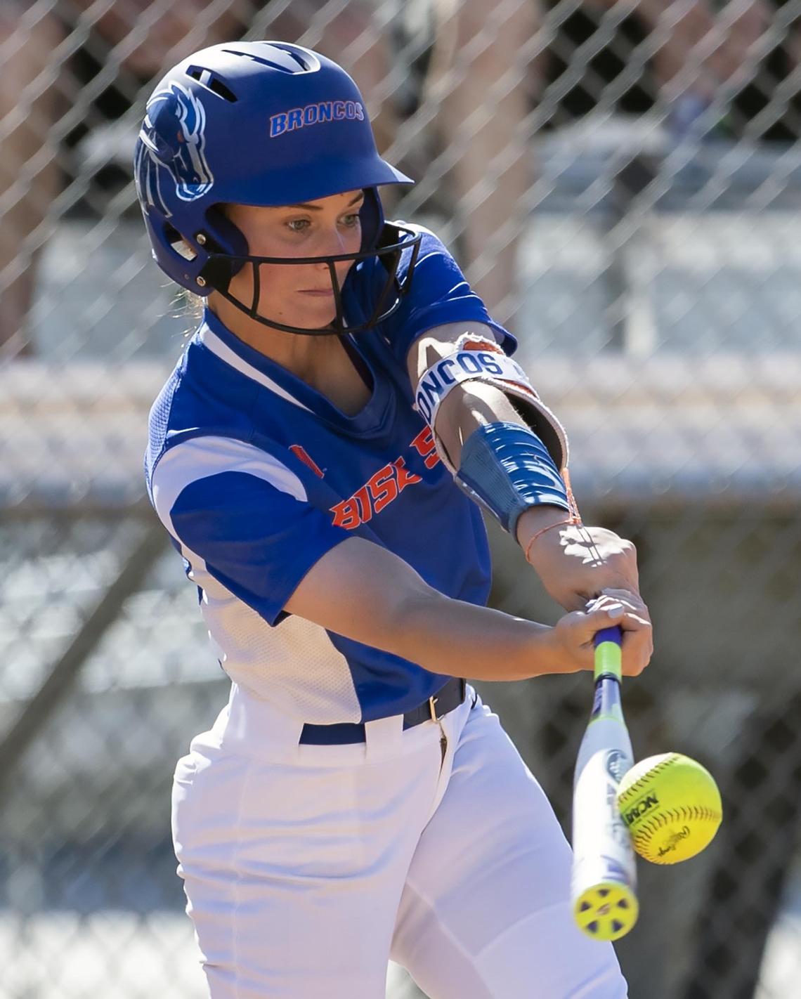 Boise State junior Karlee Johnson connects for a go-ahead RBI in the bottom of the fourth inning against Colorado State on Friday, May 3, 2019, at Dona Larsen Park in Boise.