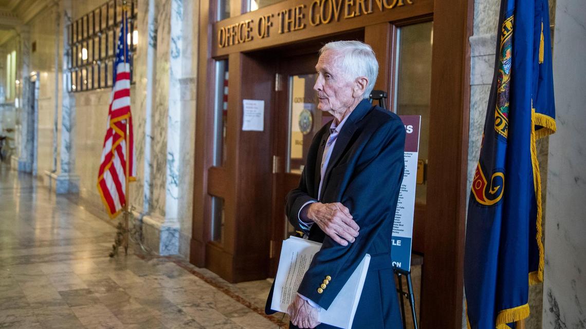 Former Idaho Supreme Court Justice Jim Jones delivered 16,000 signatures from Idahoans representing 200 towns across the state asking Gov. Brad Little to veto SB1110. After a commenting on the State Legislature’s passage of the bill that restricts ballot initiatives, Jones delivered the stack of signatures to the Governor’s Office Thursday, April 8, 2021 at the Statehouse in Boise.