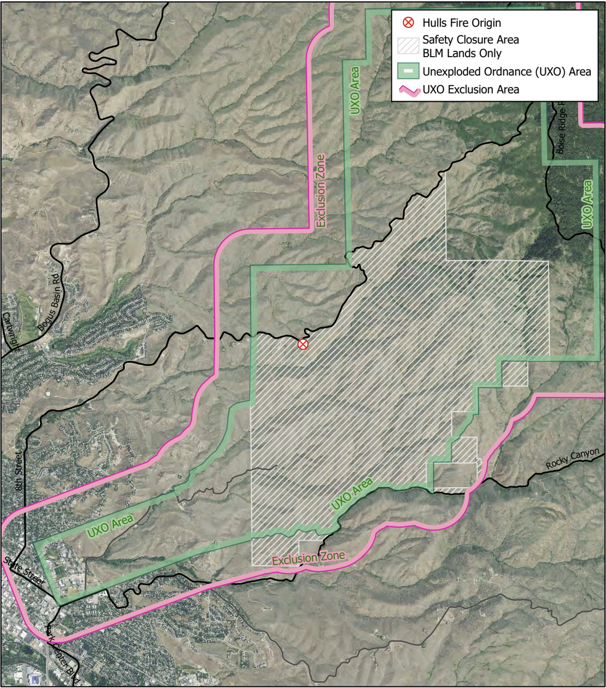 Public land between Eighth Street and Rocky Canyon Road will be closed for 48 hours or until it’s safe because of the Hulls Fire. The closed-off trails include Hulls Gulch National Recreation Trail, 8th Street Motorcycle Trail, Scotts Trail and Corrals Trail.