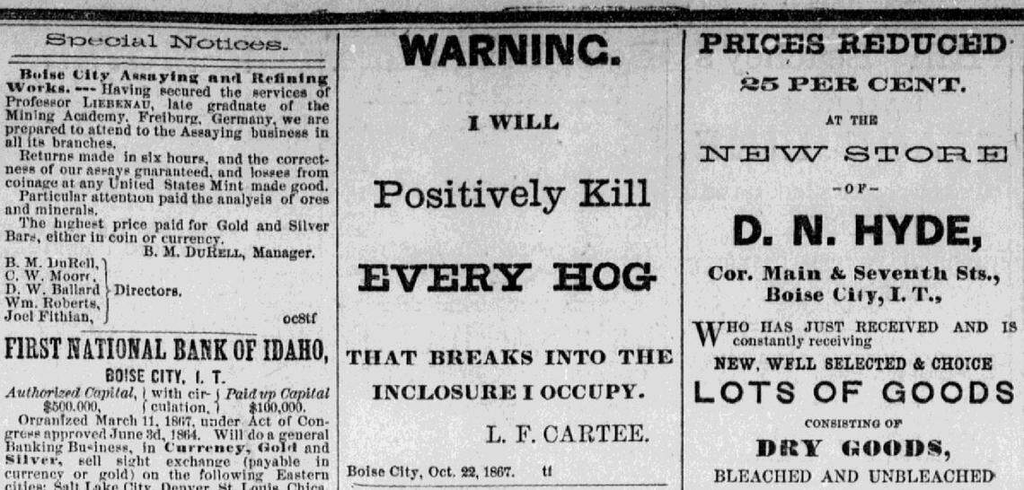 Layfayette Cartee, namesake for The Cartee apartment building that will break ground next week, was Idaho’s first surveyor general and built Boise’s first greenhouse. He was also a bit cantankerous, as this ad from the Oct. 24, 1867, edition of the Idaho Tri-Weekly Statesman reveals. Cartee, apparently, was tired of hogs breaking into his home at 4th and Grove streets.