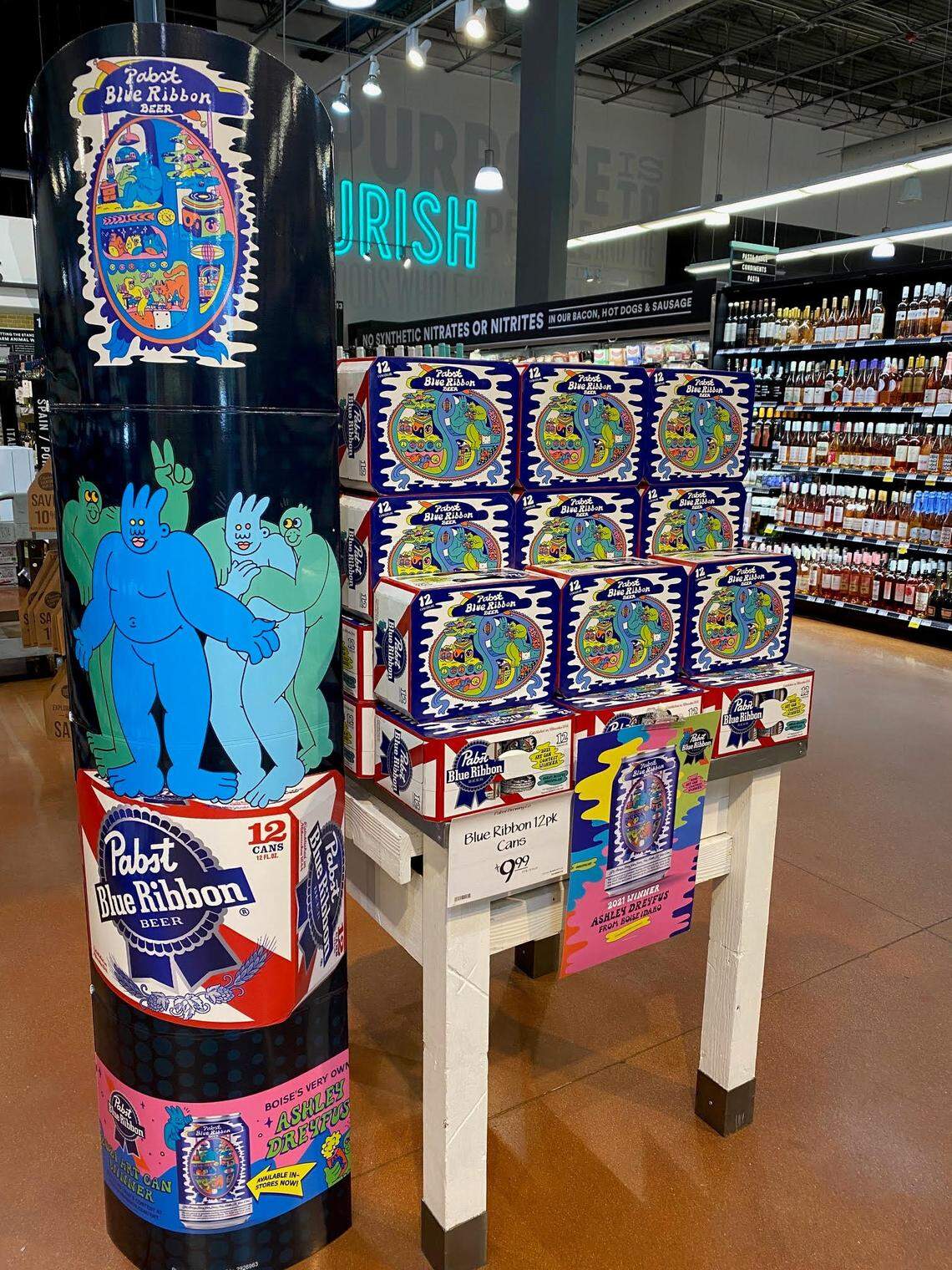 Boise shoppers will find special displays of local artist Ashley Dreyfus’ PBR design at grocery stores, such as this one at Whole Foods.
