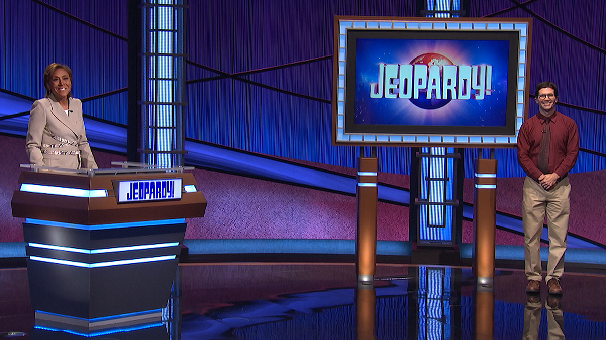 “Jeopardy” guest host Robin Roberts, left, and Boise competitor Josh Saak on the TV game show.
