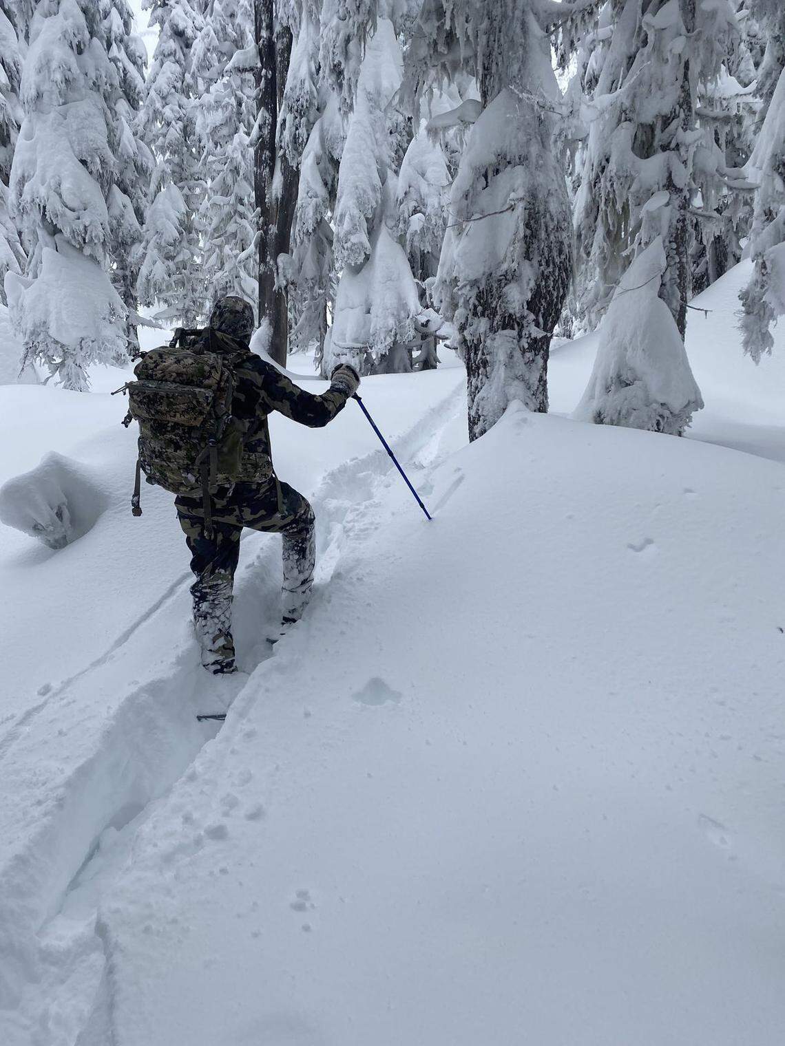 A rescuer hikes through deep snow Sunday in the McKay Creek drainage.