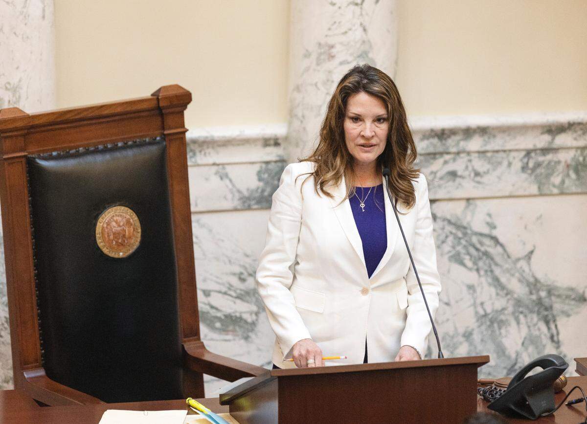 Idaho Lt. Gov. Janice McGeachin, as Senate president, presides over a session in March.