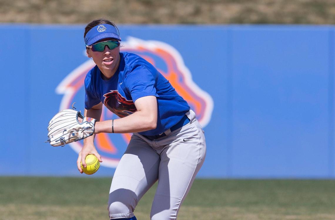 Boise State center fielder Kelsey Lalor throws the ball during practice on Tuesday at Dona Larsen Park.