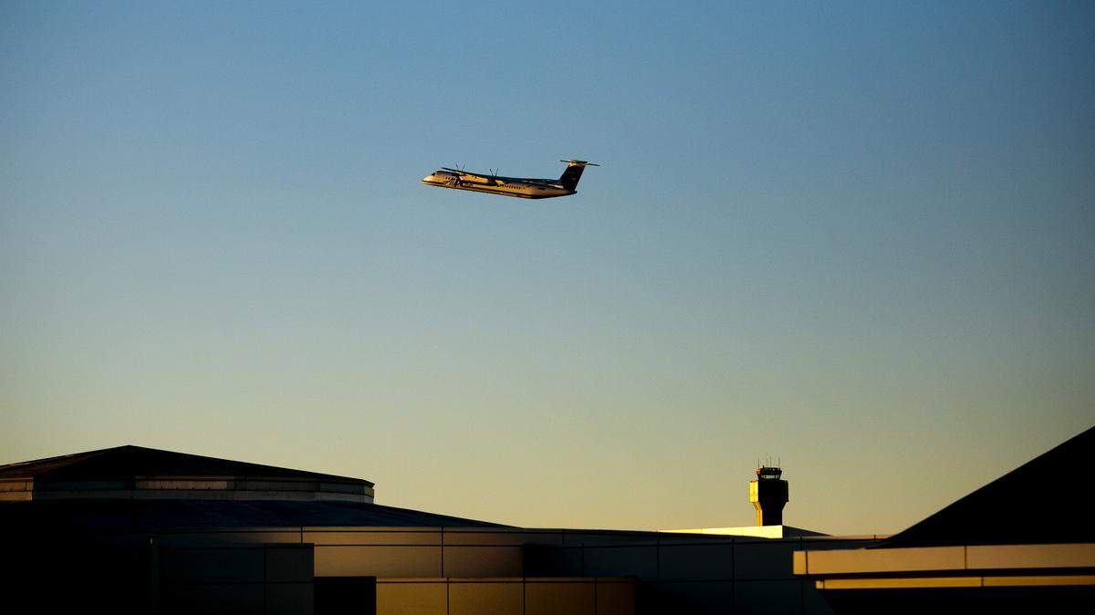 During Thanksgiving week, “We will have extra staff on overtime and will do everything to make sure passengers are quickly expedited on their way,” says Andrew Coose, the Transportation Security Administration’s federal security director in Boise. A jet departs at dawn.