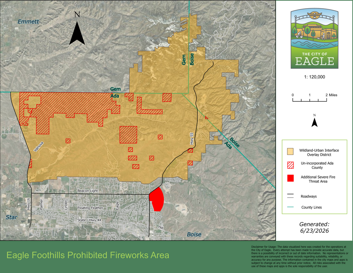 New restrictions on launching fireworks within Eagle city limits includes the Eagle Foothills north of Beacon Light Road between Highway 16 and Highway 55, as well as the Ada- Eagle Bike Park (in red).