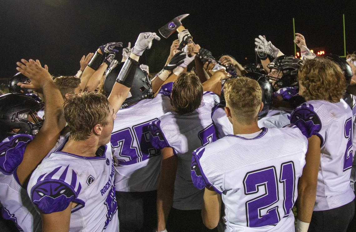Rocky Mountain celebrates winning the trophy in the annual Battle of the Mountains rivalry. No. 1 Rocky Mountain defeated No. 2 Mountain View 27-7 on Friday, Sept. 6, 2019.