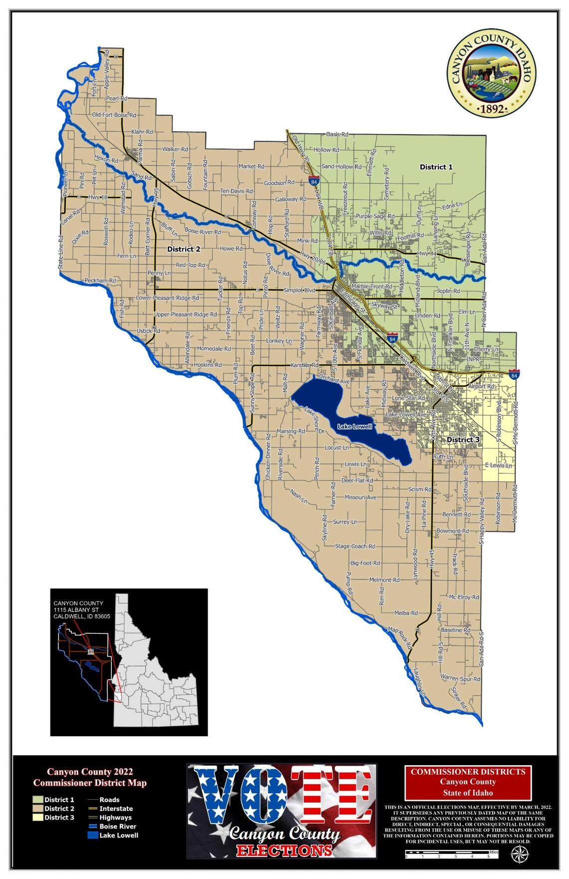The map marks the three commissioner districts, but the elections are at-large, meaning every voter regardless of their district can vote in all three commission races.