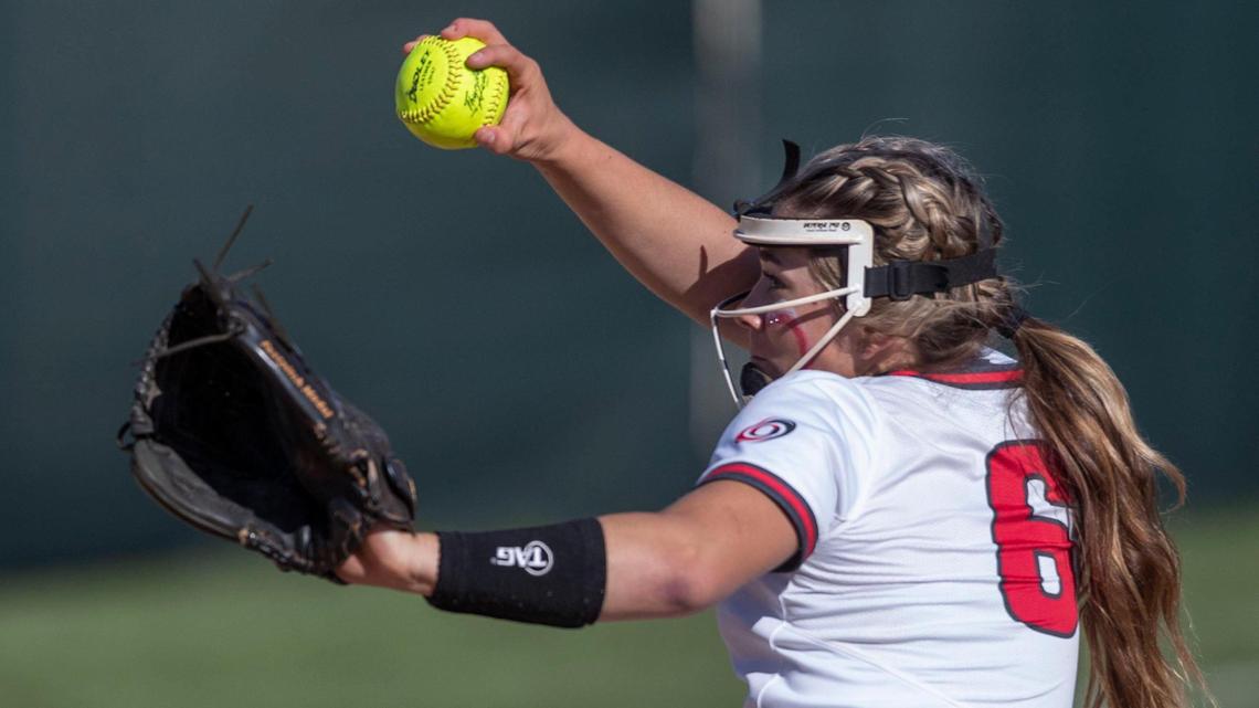 Owyhee’s Mantha Hatzenbeller pitches against Eagle in the 5A District Three softball championship game last May at Borah High School in Boise.