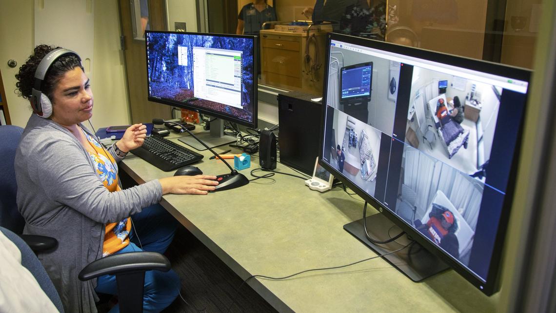 The nursing program at Boise State University includes eight high-fidelity mannequins, which mimics humans with pulses and breathing sounds, for instance. Jennifer Kepler, operations manager in charge of simulations, oversees a simulation. She queues up the patient/mannequin symptoms and responds as the voice of the patient, to make the scenario as realistic as possible for students.