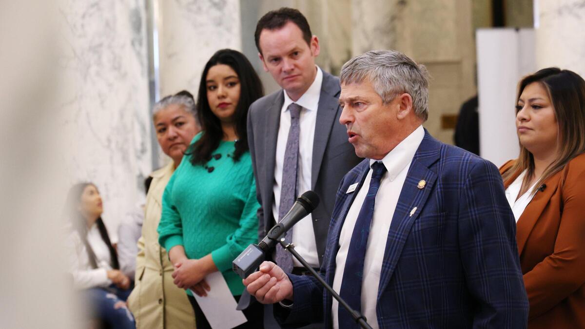 Sen. Jim Guthrie, R-McCammon, speaks at a press conference about his bill that would give undocumented people access to drivers’ licenses. During his speech he thanked the Senate Transportation Committee for a “pragmatic” approach to the bill.