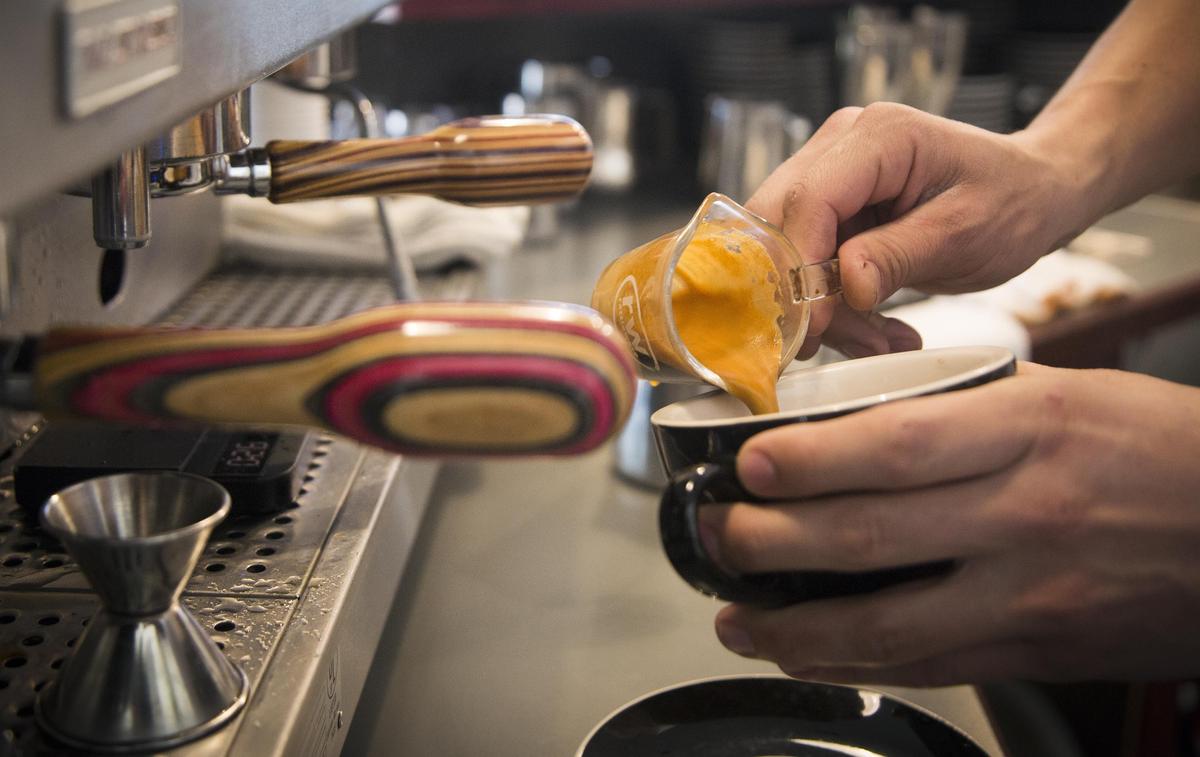 Push & Pour Coffee owner Lucas Erlebach whips up a latte on a espresso machine fitted with custom crafted handles. The shop pours full-bodied medium roasts so you can “really taste the coffee,” Erlebach says. Also a professional skate boarder, he began working in coffee shops at 16.