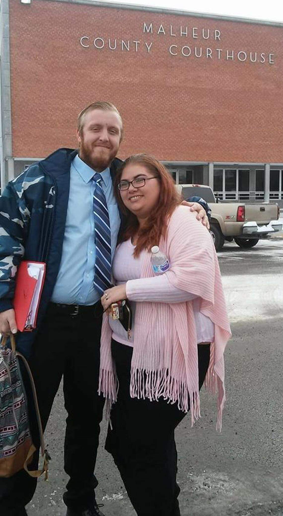 Cody Stanphill-Kiser (left) and Kitrina Nelson at the Malheur County Courthouse during a child custody dispute regarding Nelson’s then 1-year-old daughter. Stanphill-Kiser, 32, was shot and killed April 1. 