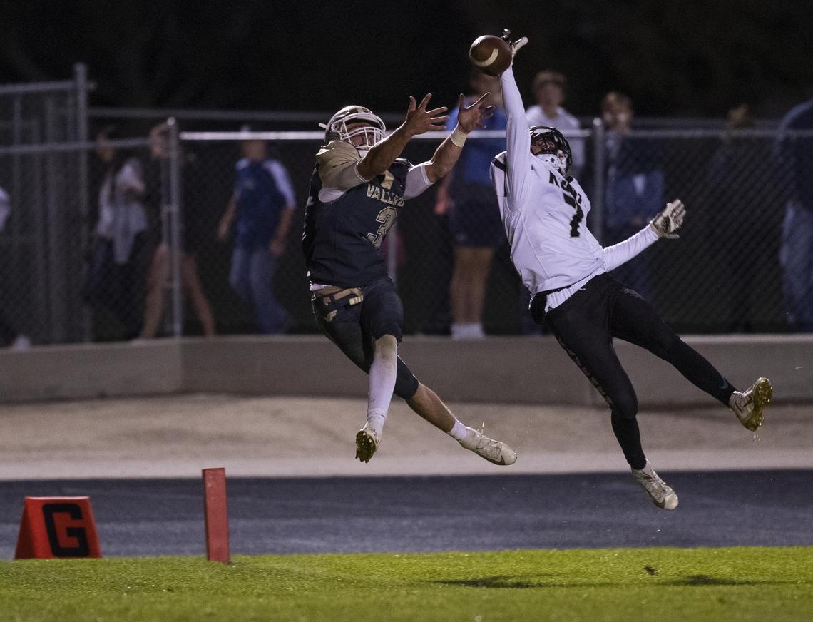 Kuna defensive back Bodie Holland breaks up a pass intended for Vallivue’s Lan Larison that might otherwise been a touchdown in the third quarter Friday, Oct. 4, 2019 at Vallivue High School in Caldwell.