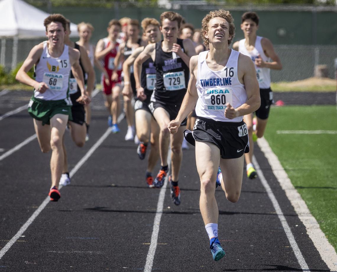 Timberline’s Caleb Stamper takes first place in the 5A boys 800-meter run at the state track and field championships at Eagle High on Saturday, May 18, 2019. It was his third straight title in the event.