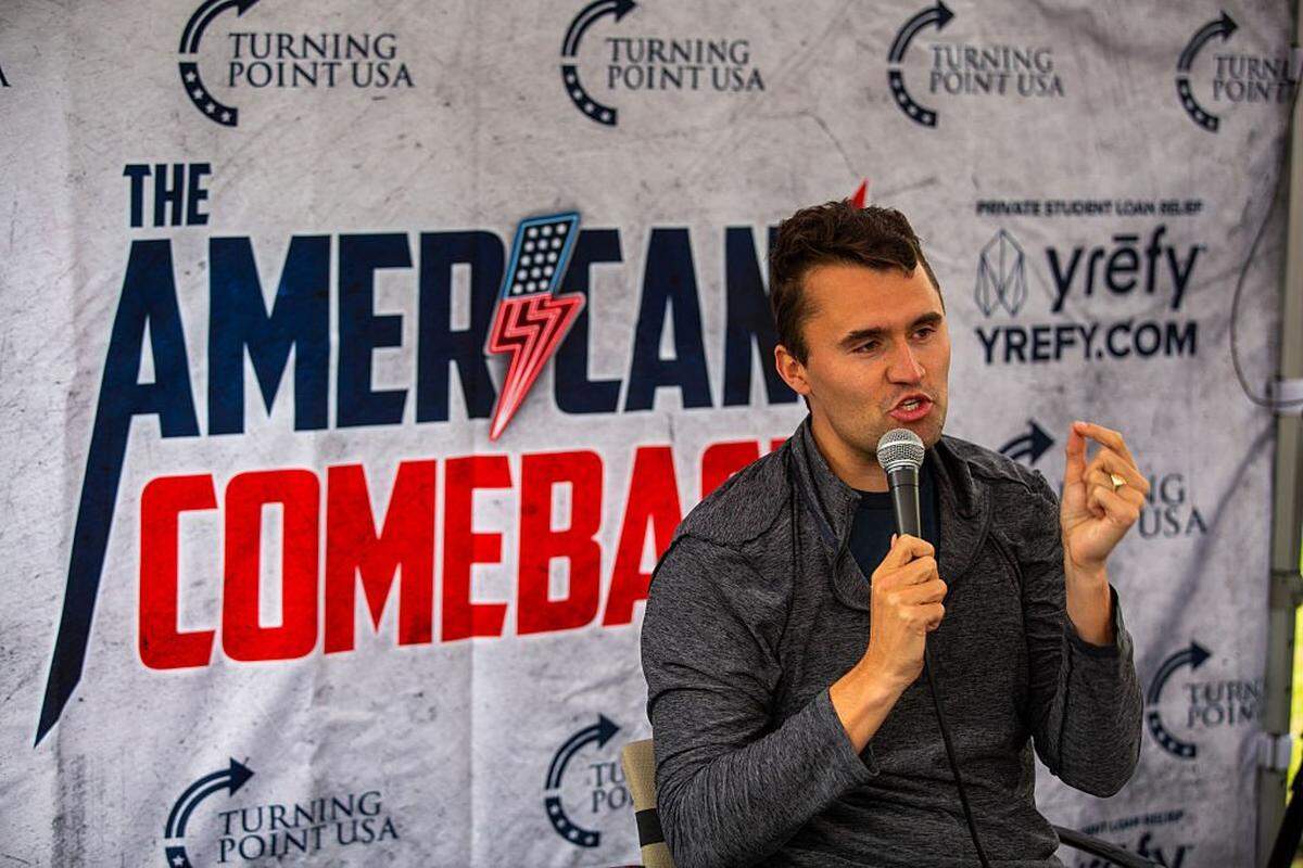 Right-wing activist Charlie Kirk debates with CSUN students during his American Comeback tour stop at CSUN in Northridge, Calif., on March 6, 2025. (Photo by Benjamin Hanson / Middle East Images via AFP) (Photo by BENJAMIN HANSON/Middle East Images/AFP via Getty Images)