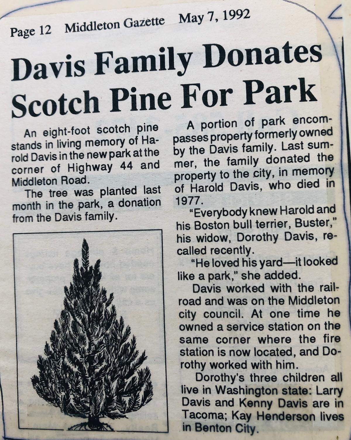 The Davis family donated a small parcel of land they owned to the city to build a park. The Middleton Gazette wrote about the new park in May 1992.