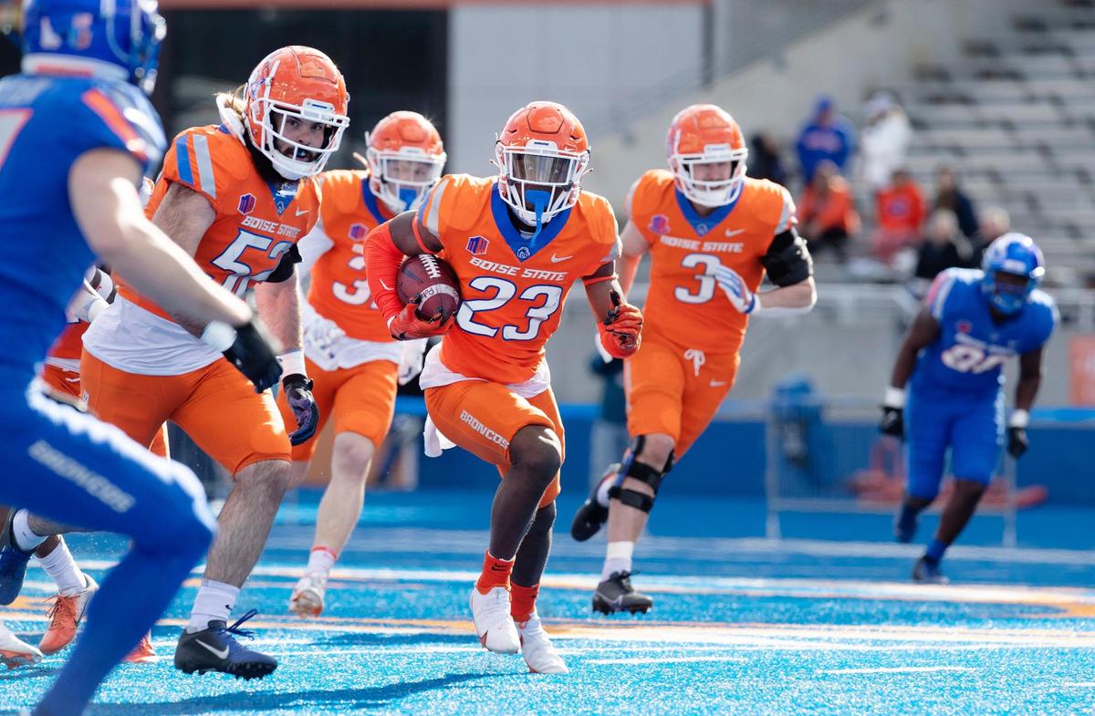 Boise State safety Seyi Oladipo intercepts the ball during their spring game held on Saturday at Albertsons Stadium.