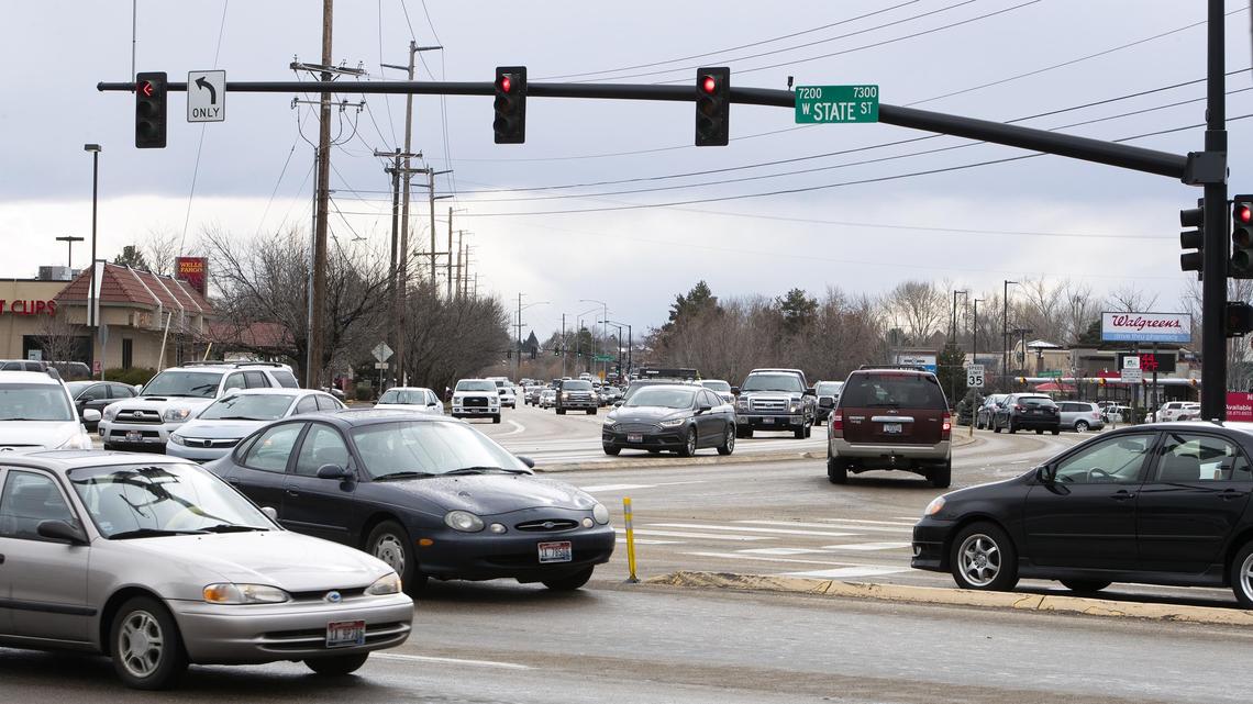Traffic moves through the intersection of State and Glenwood Streets in Northwest Boise on Feb. 15, 2019. Planners are considering a U-turn traffic pattern similar to the one recently constructed at State and Veterans Memorial Parkway. Motorists wanting to turn left onto Glenwood from State Street would make a U-turn west of the intersection.