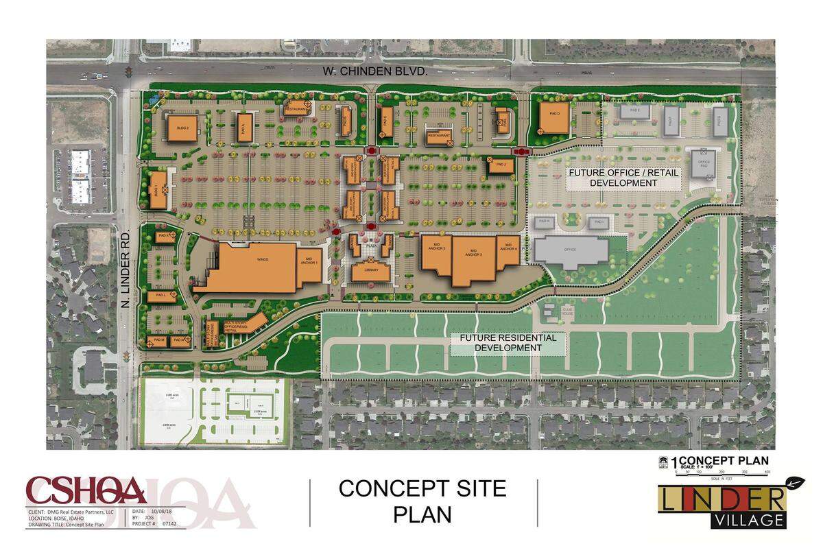 This updated concept plan for Linder Village includes more buffer areas between residential and commercial areas than an earlier version.