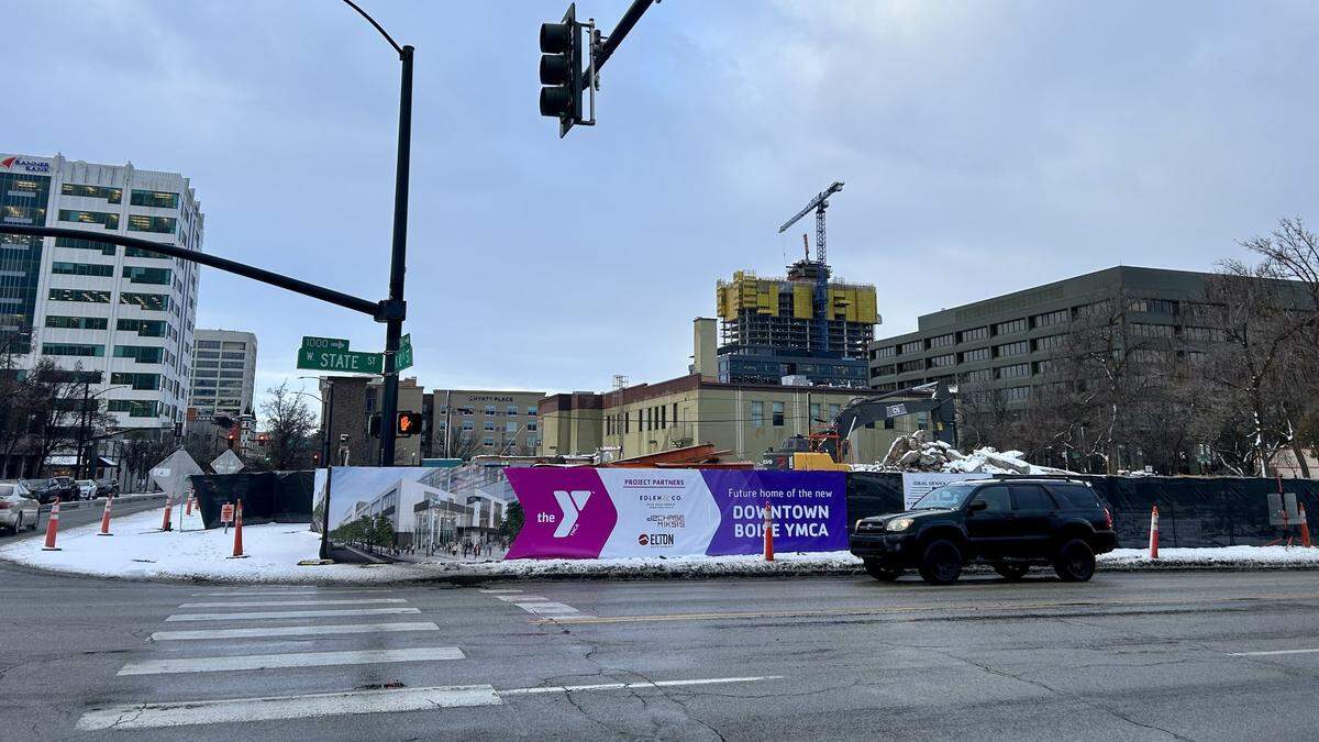 The former Idaho Sporting Goods store in downtown Boise was demolished in January 2024, pictured here, to make room for a new downtown Boise YMCA building. 10th Street can be seen in far left while State Street is at the bottom of this image.