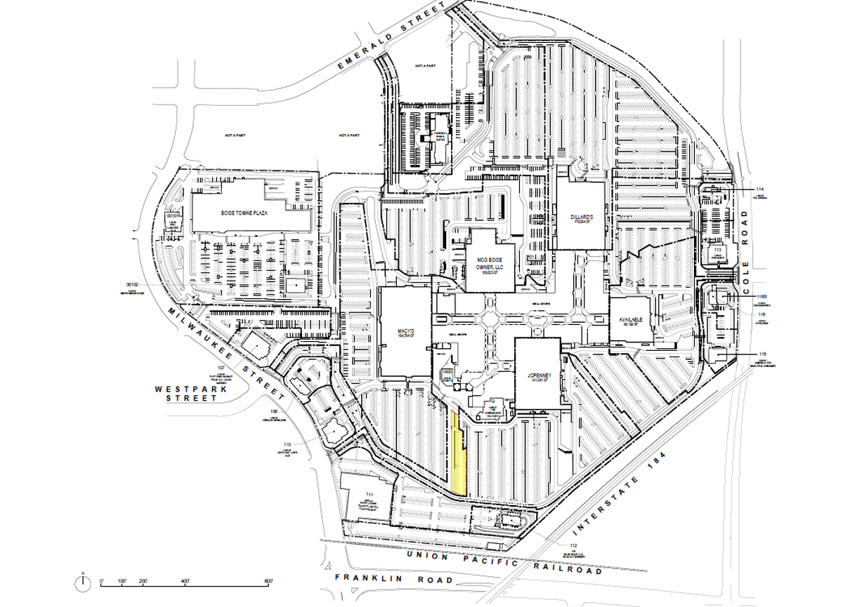 Site map of Boise Towne Square parking that highlights spaces with newly required paid parking.