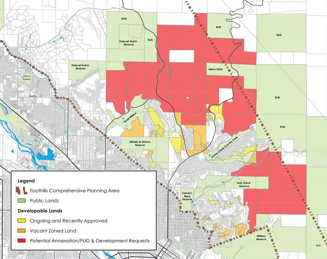 This map shows the areas that are already zoned for development in the Foothills in orange. Areas that fall within Boise’s area of impact that could be annexed into the city for development are shown in red.